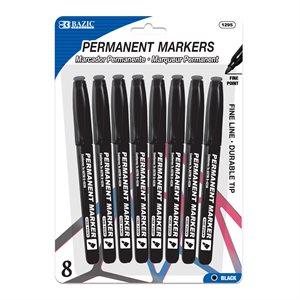 BAZIC  Fine Tip Permanent Markers with Pocket Clip - Black - 8 Pack