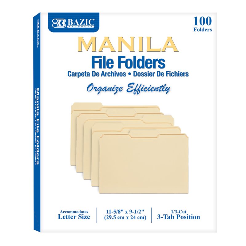 BAZIC Letter Size Manille File Folder - Coupe 1 / 3 - Boîte de 100