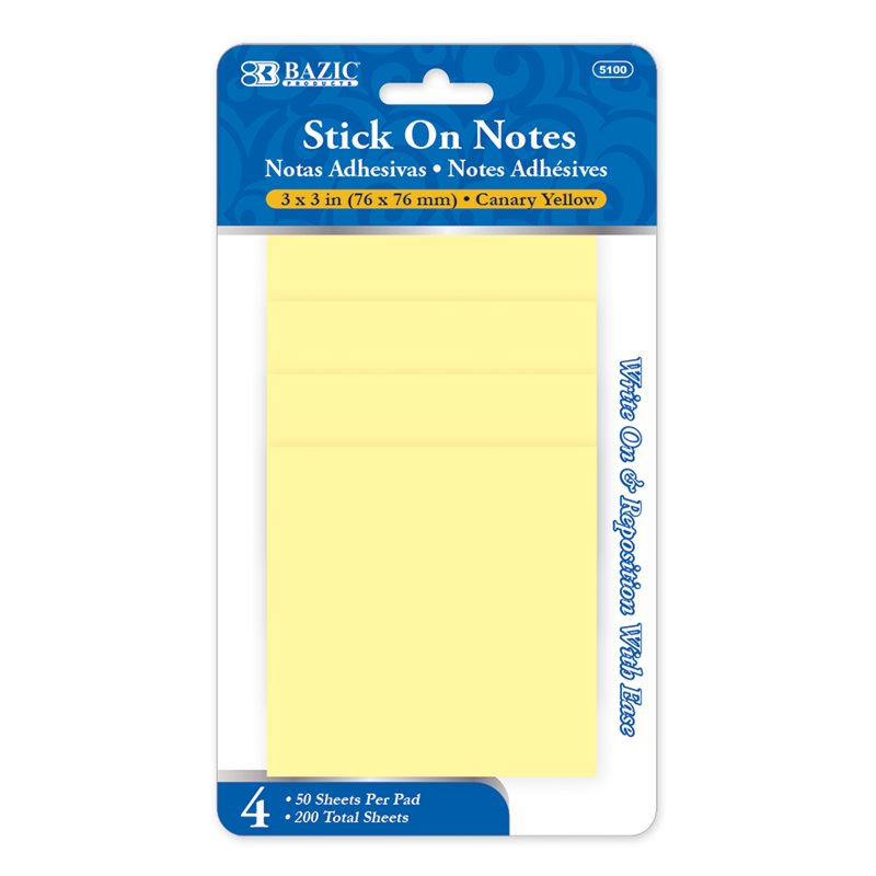 Notes autocollantes BAZIC, jaune, 3 po x 3 po, paquet de 4