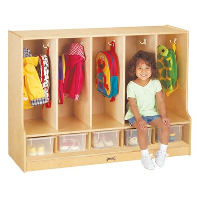 Jonti-Craft® Toddler 5 Section Bench Coat Lock avec plateaux transparents